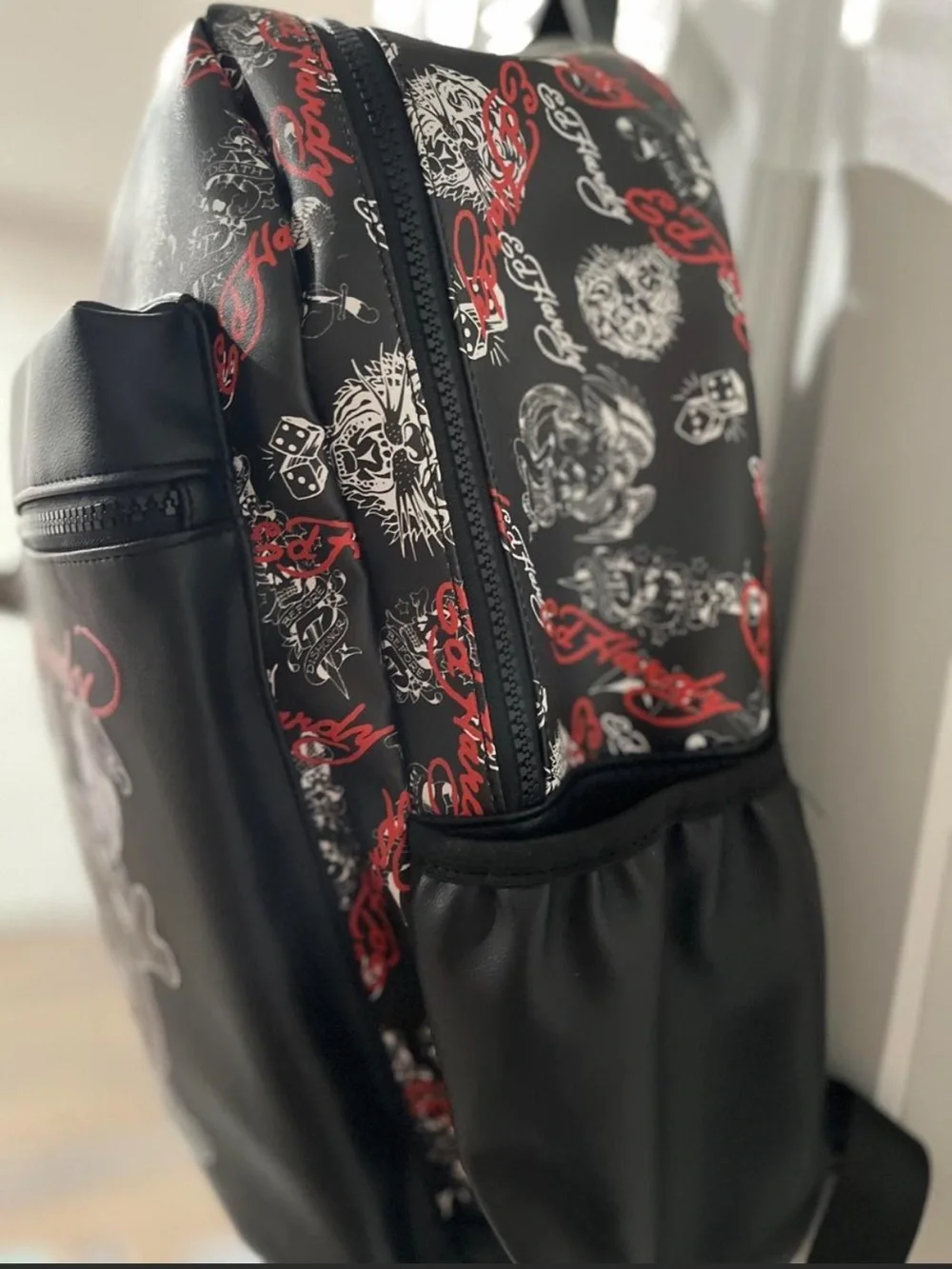 Ed Hardy Black Backpack with Red & White Graphic Skull